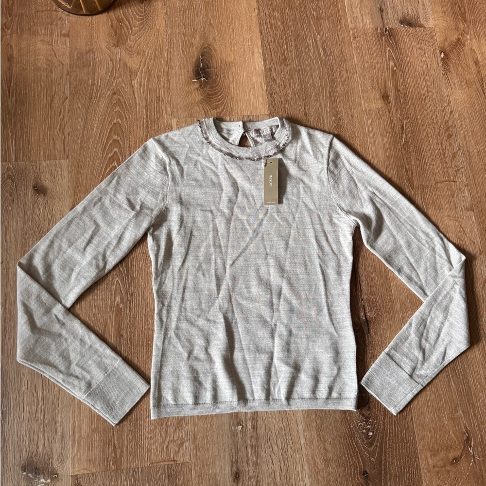 J.Crew NWT Gray Carolyn Embellished Fitted Wool Sweater Size XS